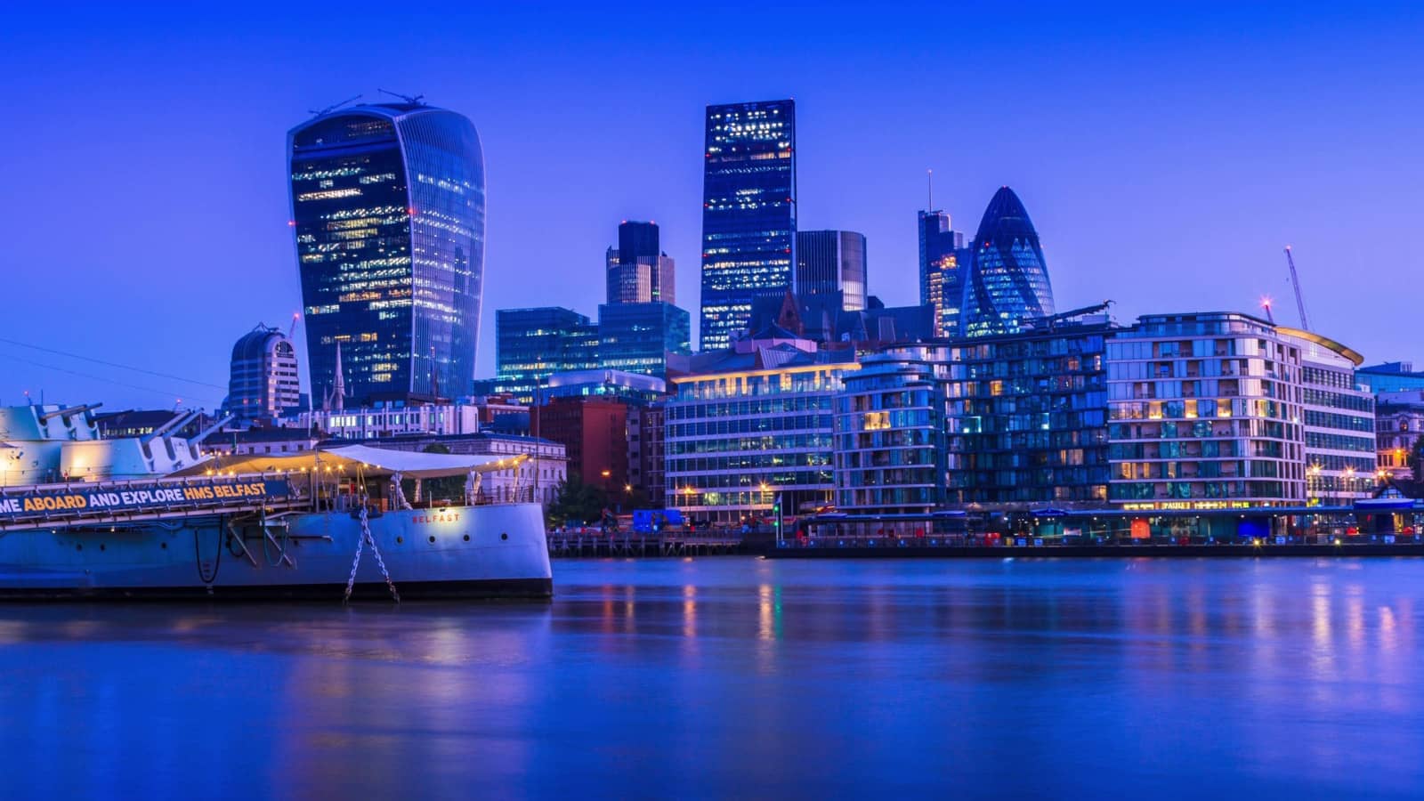 Financial district in London, England from night to day